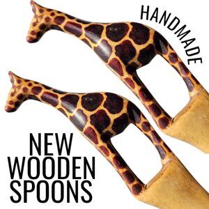New Hand Carved Wood Giraffe Fork Spoon Serving Set Safari African Folk Art Sala